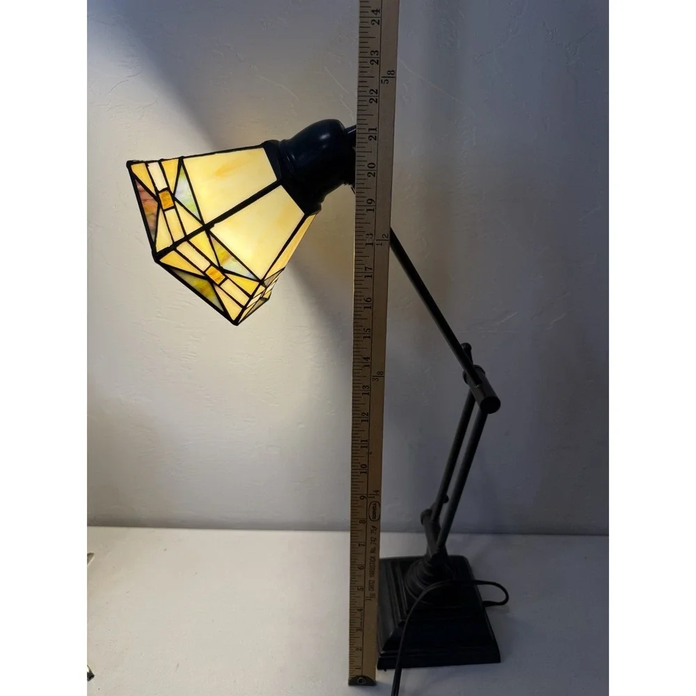 Dale Tiffany Mission Bank Table Lamp Adjustable Desk Light Stained Glass Bronze